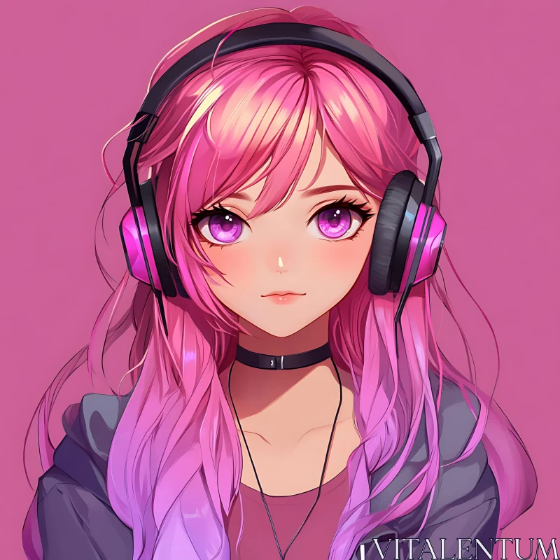 Violet-Eyed Anime Girl Listening to Music AI Image