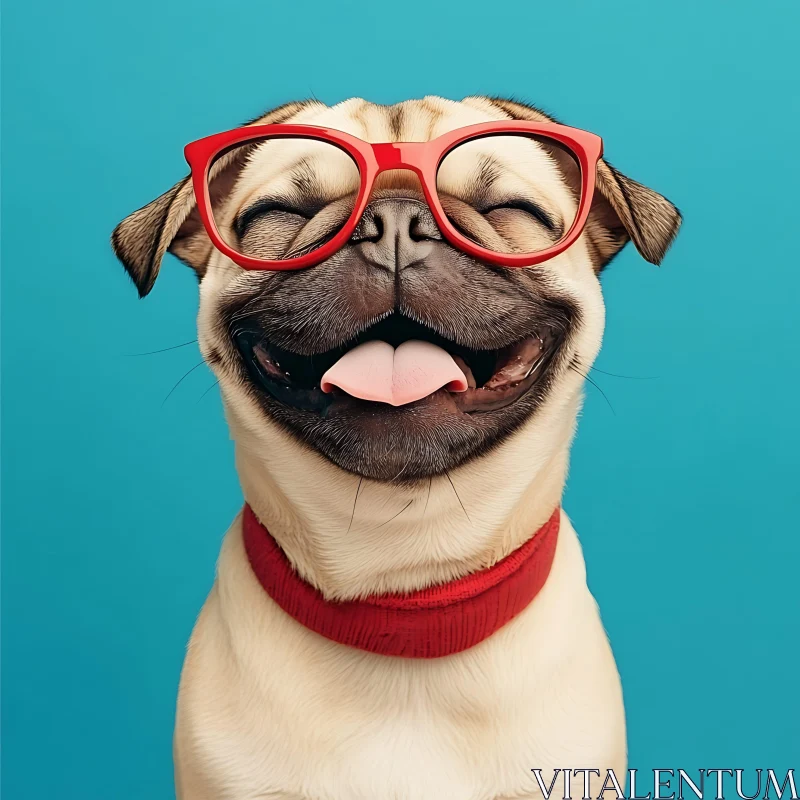 Charming Pug in Red Glasses and Collar AI Image