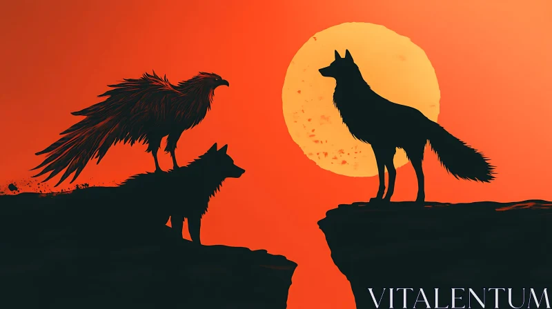 AI ART Sunset Wolves and Eagle