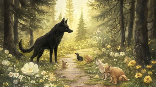 Wolves in a Forest Clearing