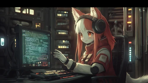 Fox-Eared Programmer in Cyberpunk Setting