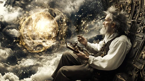 Steampunk Time Traveler in Cosmic Scene