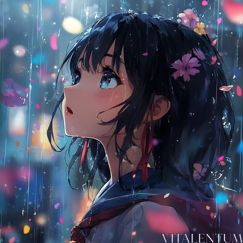 Contemplative Anime Girl in Rainy Scene AI Image