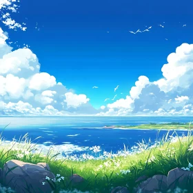 Scenic View of Sea and Sky with Meadow