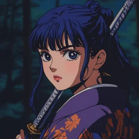 Blue-Haired Female Samurai in Forest