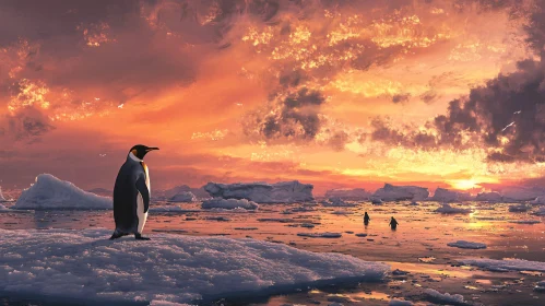 Penguins on Icebergs Under a Blazing Sunset