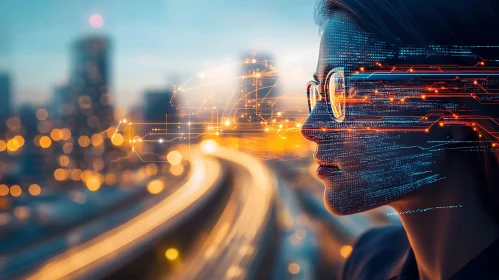 Digital Woman in Futuristic City View