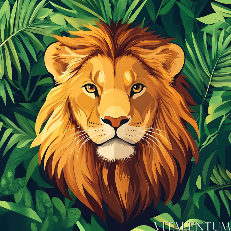 Golden Lion Among Green Leaves AI Image