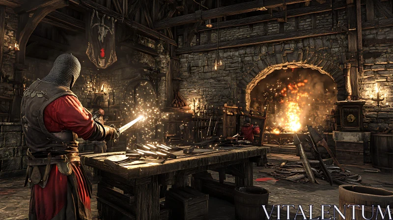 Blacksmith Crafting Sword in Medieval Workshop AI Image