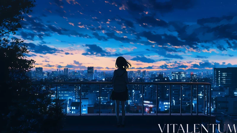 Lone Figure Overlooking Evening Cityscape in Anime Style AI Image