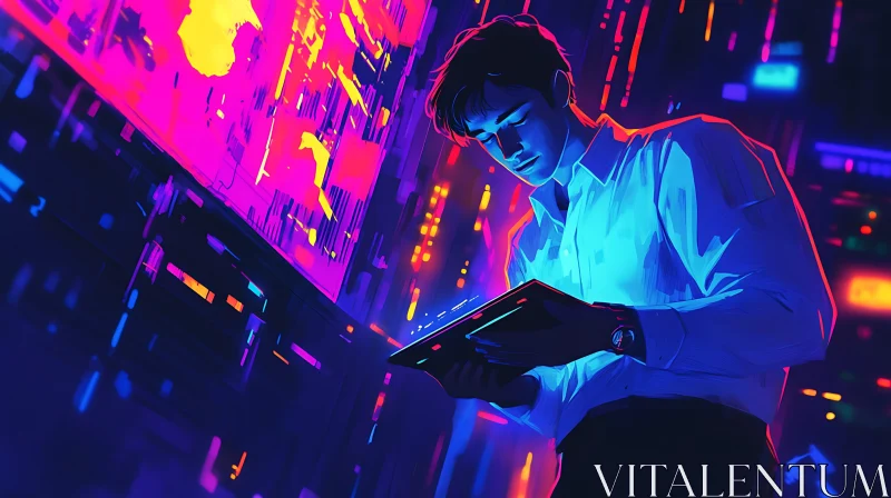 Man with Tablet in Neon Light AI Image