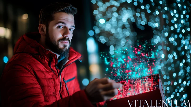 Man with Glowing Box and Bokeh Lights AI Image