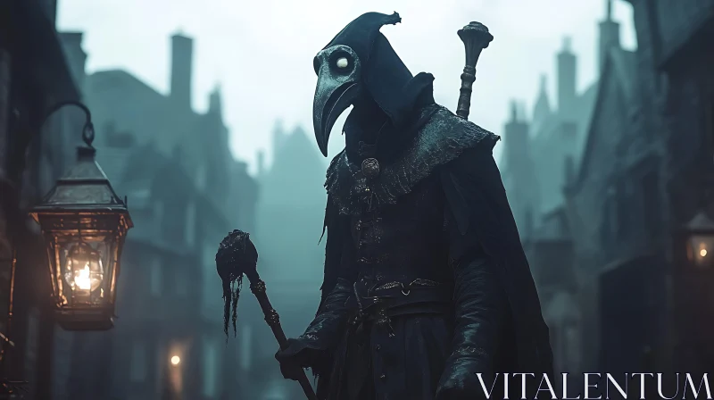 Mysterious Plague Doctor in Dark Alley AI Image