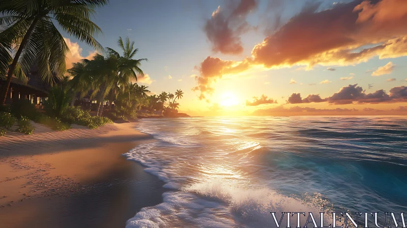 Tropical Beach at Sunset AI Image