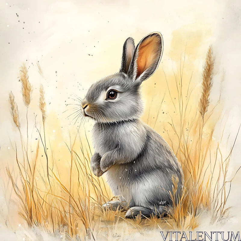 Watercolor Rabbit Portrait in Grassy Meadow AI Image