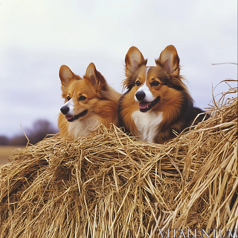 Two Corgis in a Pile of Hay AI Image