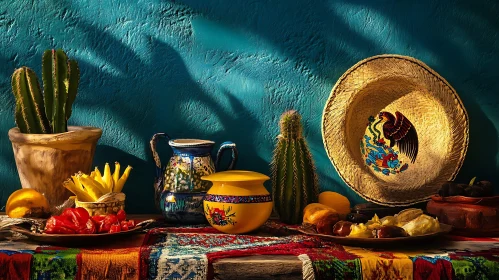 Vibrant Still Life Painting with Cultural Elements