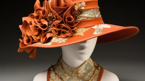 Delicate Flowers Adorned Orange Hat - Assemblage Art Installation
