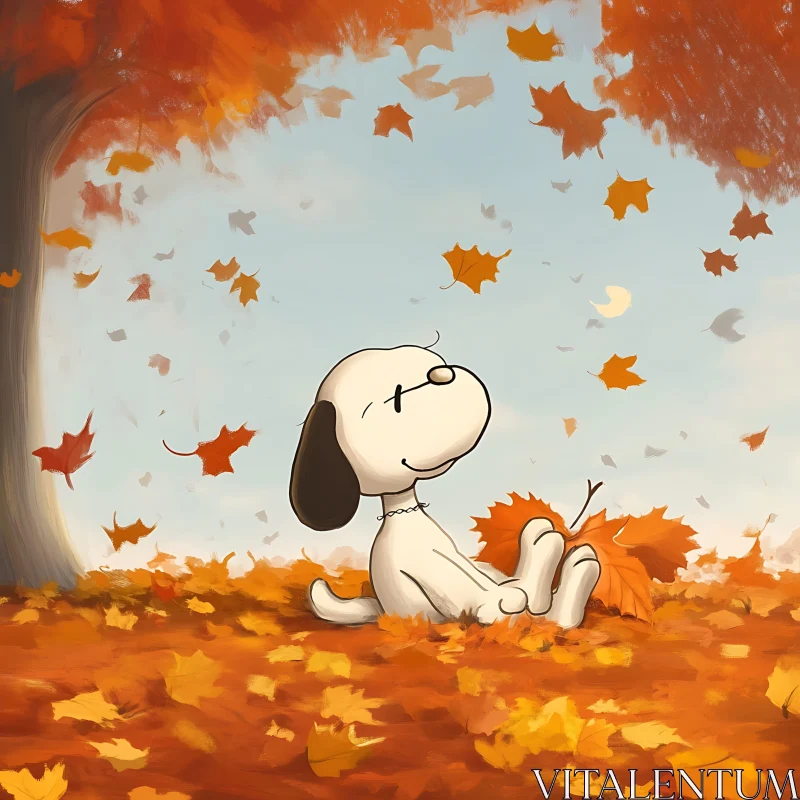 Relaxing Cartoon Dog in Fall Foliage AI Image