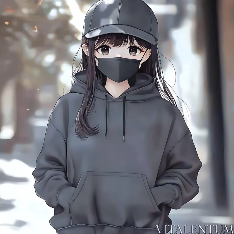 Masked Anime Girl in Urban Setting AI Image