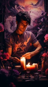 Enthralling Candlelit Scene with Man and Flowers