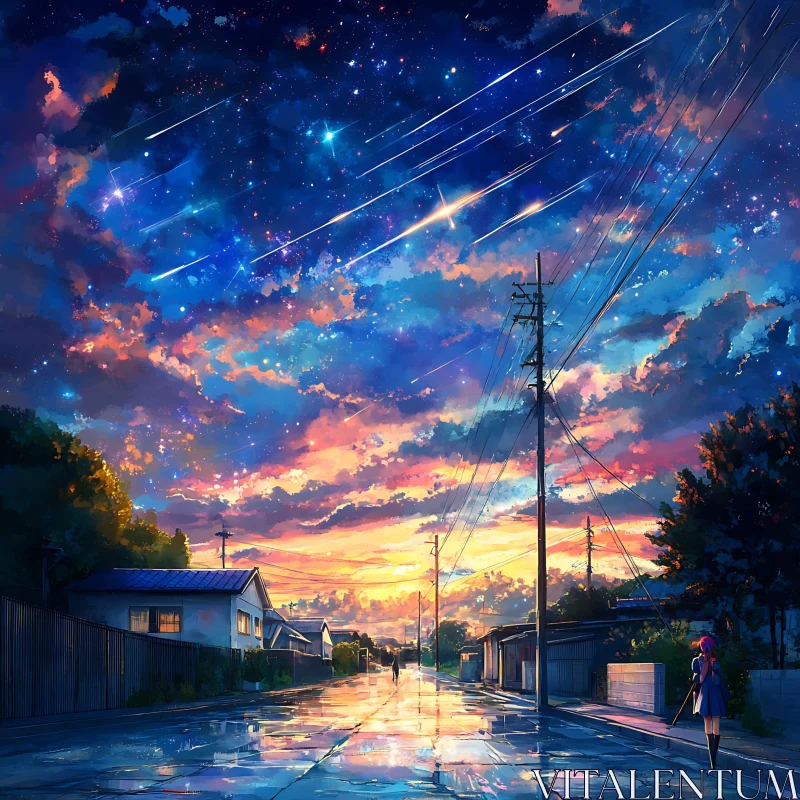 Ethereal Anime Street with Starry Sky and Sunset AI Image