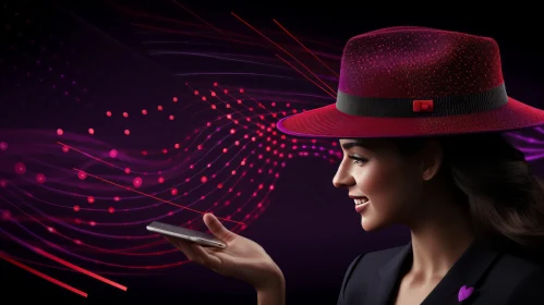 Futuristic Fashion: Woman in Dark Purple Hat Holding Cell Phone