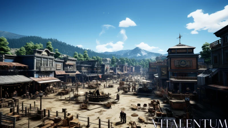 Rustic Western Town Amidst Mountains and Blue Skies AI Image