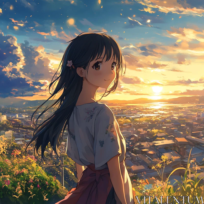 Anime Sunset Girl Overlooking Cityscape AI Image