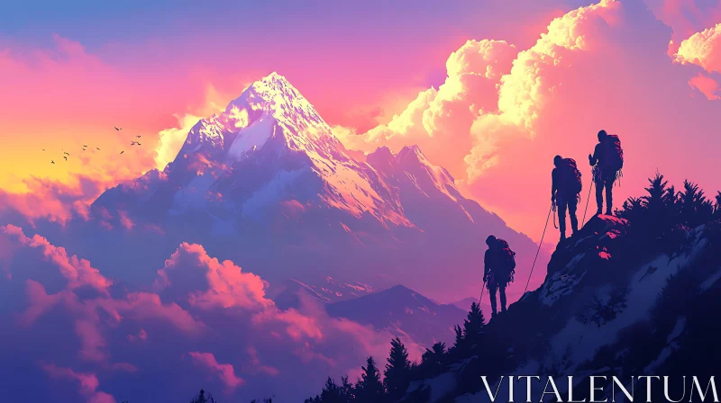 AI ART Climbers Silhouette Against Mountain Sunset