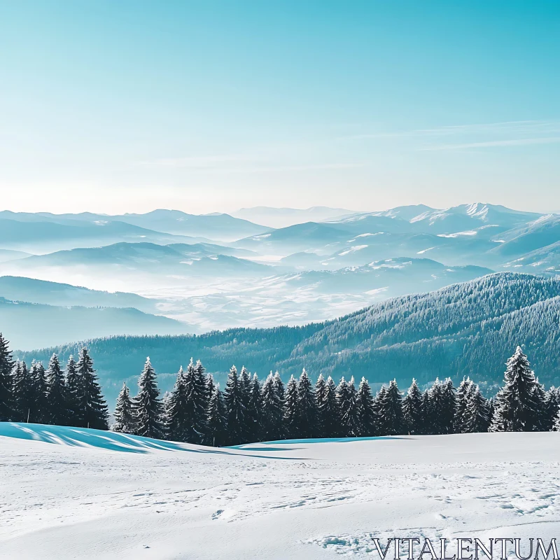 AI ART Winter Mountain Landscape with Pine Trees