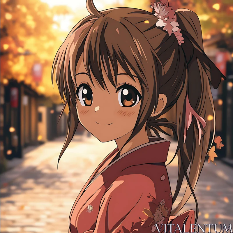 Autumn Stroll with Anime Girl in Kimono AI Image