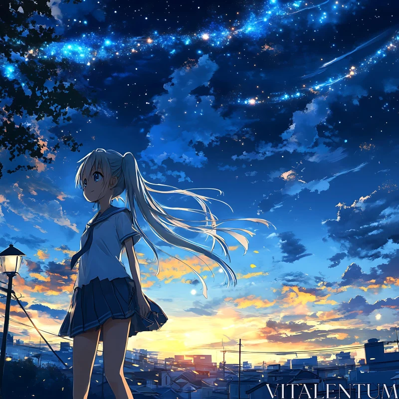 Starry Sky Sunset with Anime Girl on Rooftop AI Image