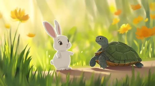 Cartoon Rabbit and Turtle in Meadow