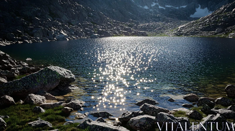 Sparkling Sunlit Mountain Lake AI Image