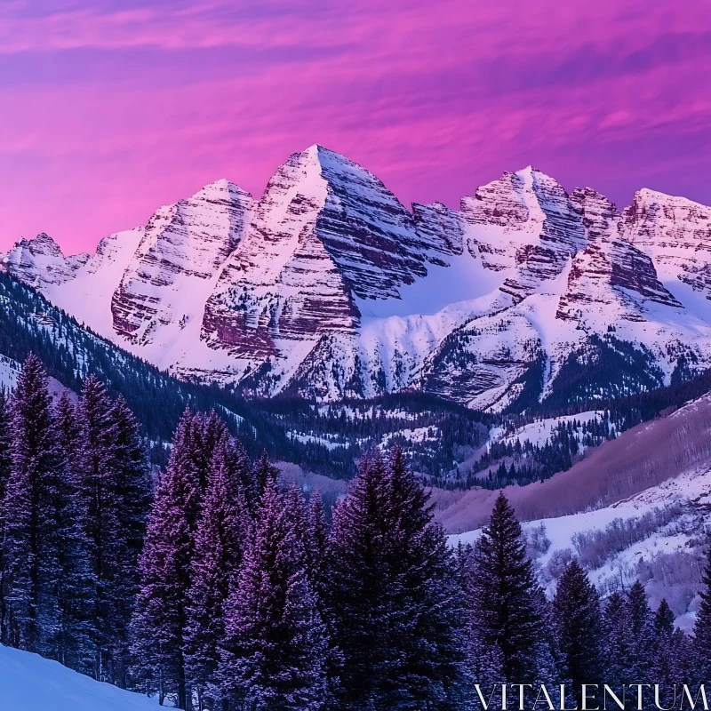 AI ART Winter Mountain Landscape with Pink Sky