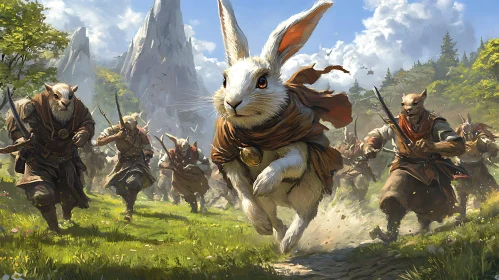 Rabbit Leading Warriors on Grassy Field