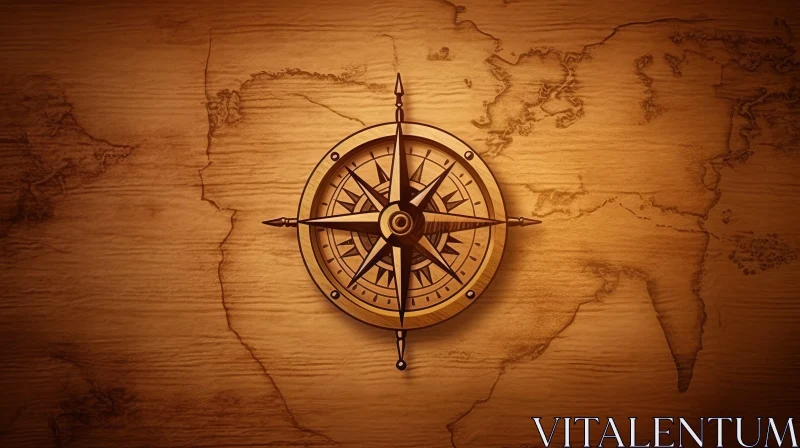 AI ART Antique Compass on Wooden Map - Travel Exploration Art