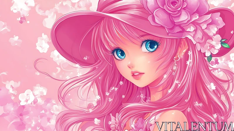 Charming Anime Girl in Floral Pink Attire AI Image