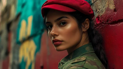 Woman in Red Hat with Urban Graffiti Background