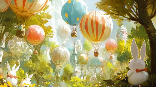 Whimsical Forest with Balloons and Bunnies