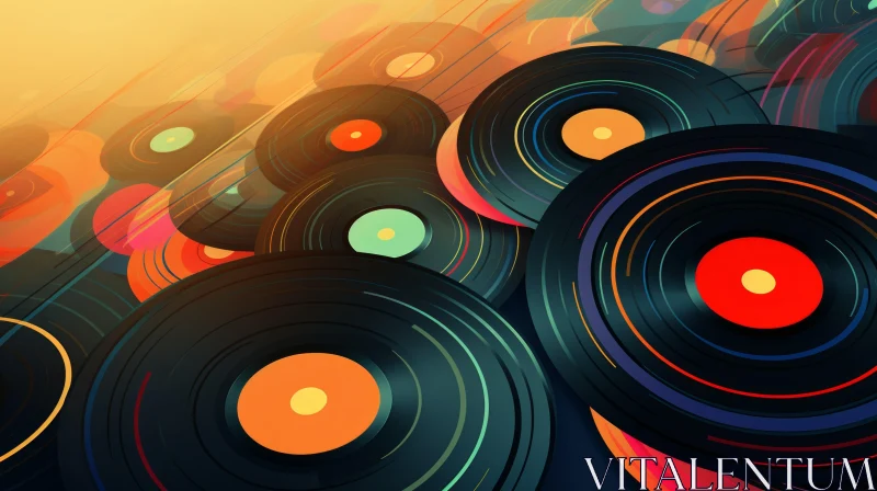 Colorful Vinyl Records in Richly Colored Sky Illustration AI Image