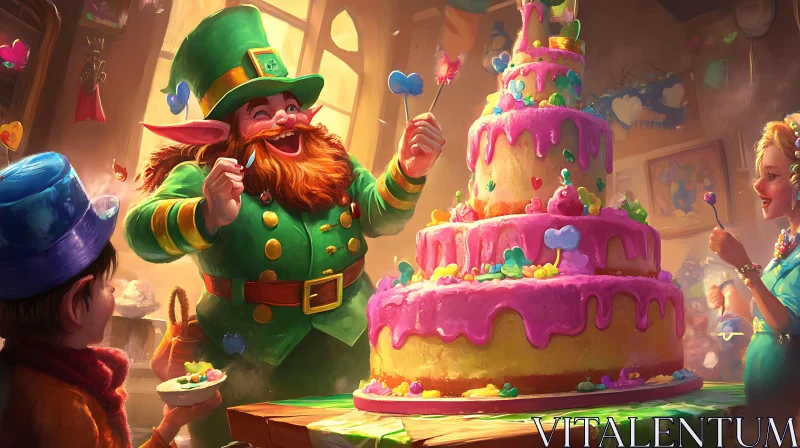 AI ART Whimsical Leprechaun Cake Party Scene