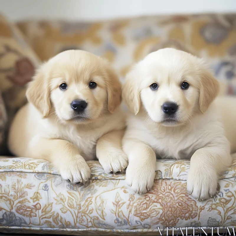 Cute Golden Retriever Puppies Relaxing on Cushion AI Image