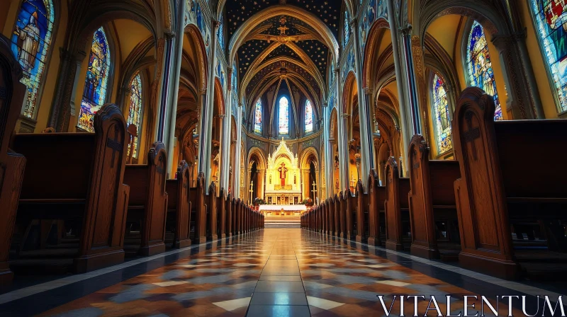 Gothic Cathedral with Ornate Altar and Stained Glass AI Image