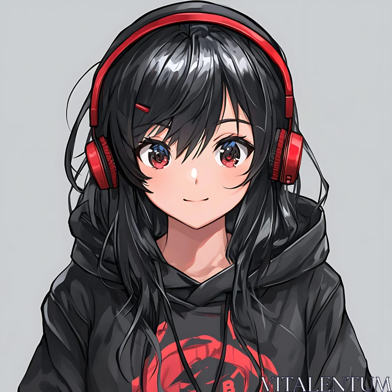 Digital Drawing of Anime Girl in Black Hoodie AI Image