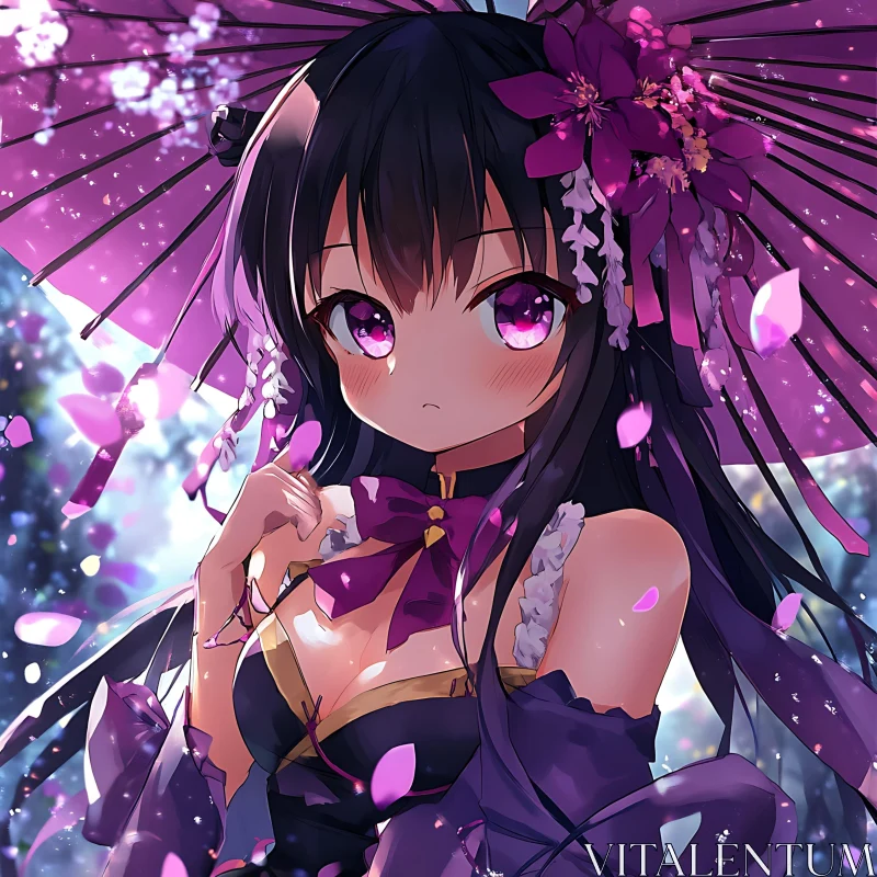 Whimsical Anime Girl with Purple Umbrella AI Image