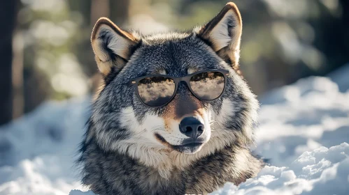 Wolf with sunglasses in the snow