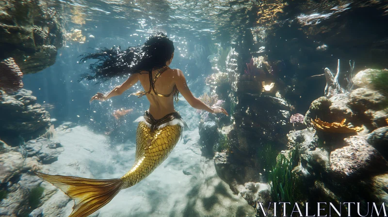 Golden Tailed Mermaid Underwater Fantasy AI Image