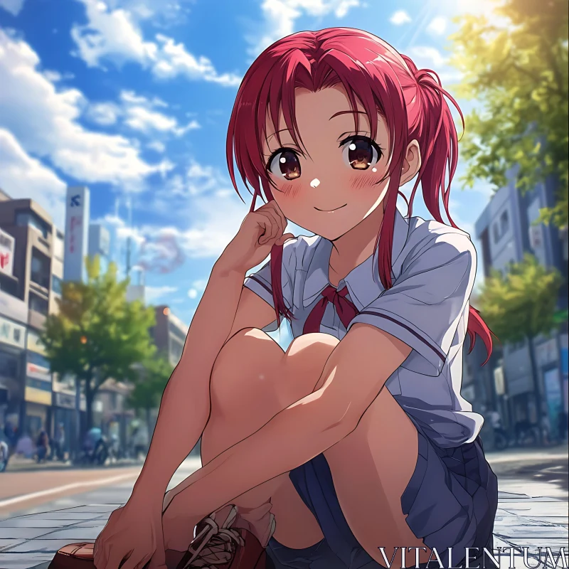 Smiling Anime Girl with Red Hair AI Image